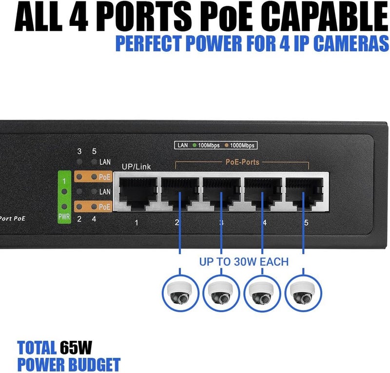 BV -Tech 5 Port Gigabit PoE+ Switch (4 PoE+ Ports | 1 Uplink Port) – 65W – 802.3at – POE-SW501G - Image 3
